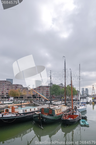 Image of view at old boats on Rotterdam canal 