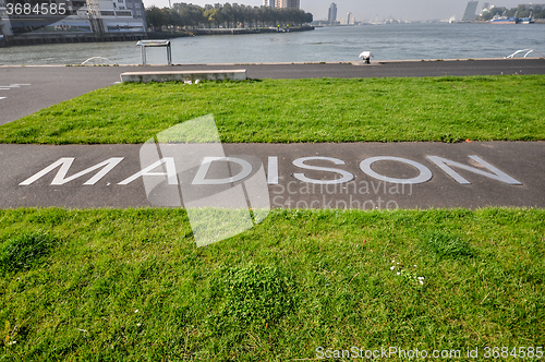 Image of metal lettering at promenade in front of hotel New York  Rotterdam Holland