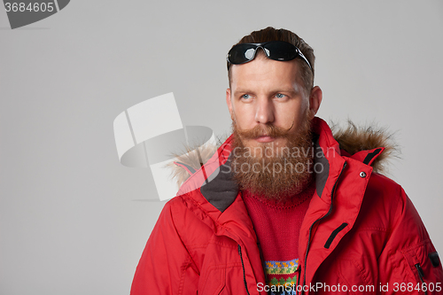 Image of bright picture of handsome man in winter jacket