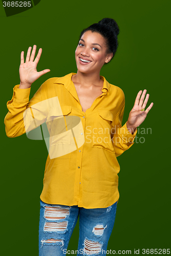 Image of Woman showing nine fingers