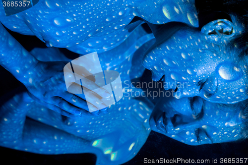 Image of The  body of woman with blue pattern and its reflection