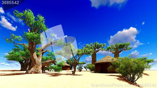 Image of African village with traditional huts 