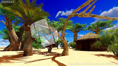 Image of African village with traditional huts 