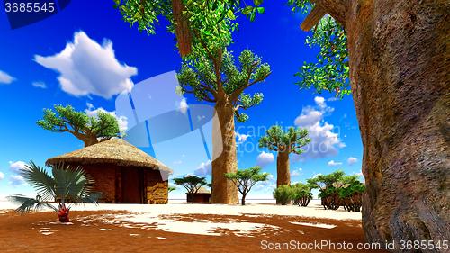 Image of African village with traditional huts 