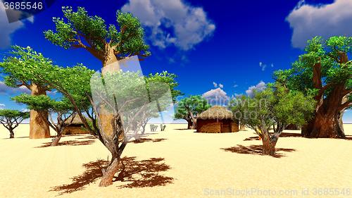 Image of African village with traditional huts 