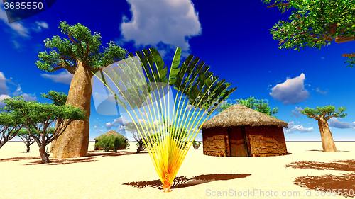 Image of African village with traditional huts 