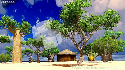 Image of African village with traditional huts 