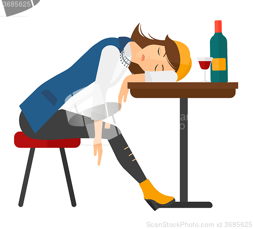 Image of Woman sleeping in bar. 