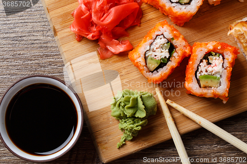 Image of Closeup of sushi with soy sauce