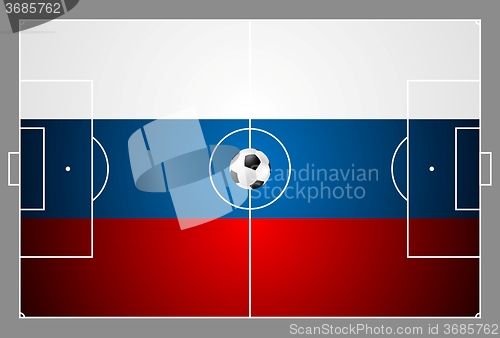 Image of Bright soccer background with ball. Russian colors football field