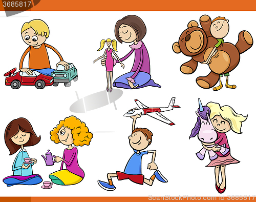 Image of kids with toys cartoon set