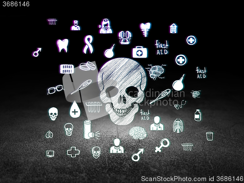 Image of Medicine concept: Scull in grunge dark room