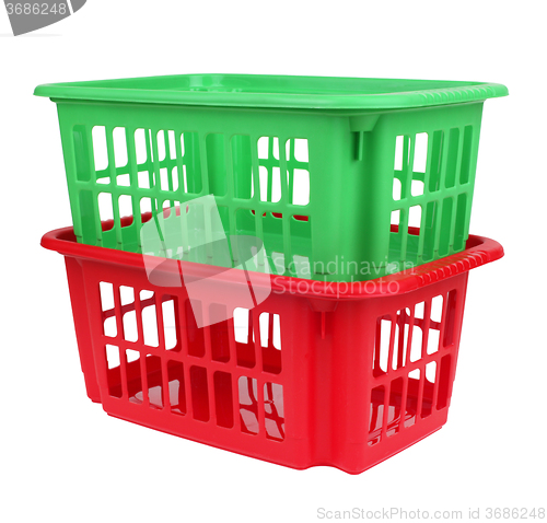 Image of empty red and green plastic basket isolated on white