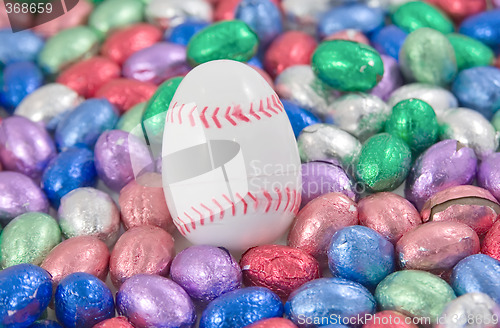 Image of baseball egg amongst other easter eggs