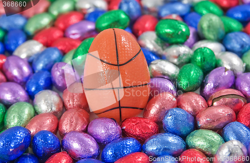 Image of basketball egg amongst other easter eggs