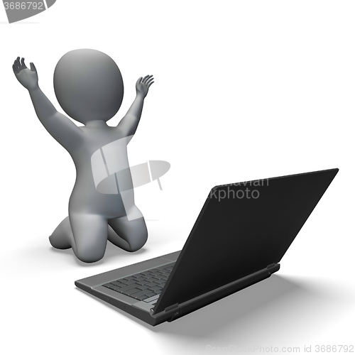 Image of Laptop And Character Shows Browsing Internet Online