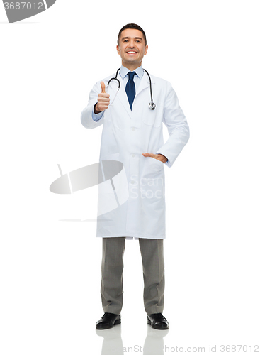 Image of smiling doctor in white coat showing thumbs up