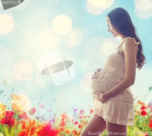 Image of happy pregnant woman in chemise