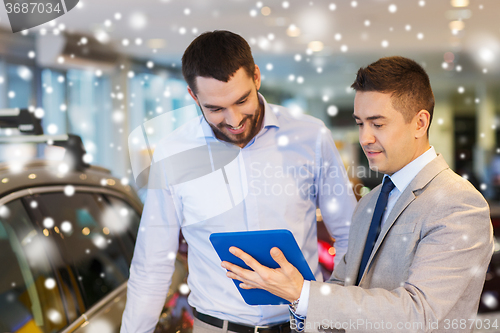 Image of happy man with car dealer in auto show or salon