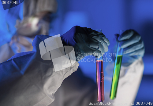 Image of close up of scientist making test in laboratory