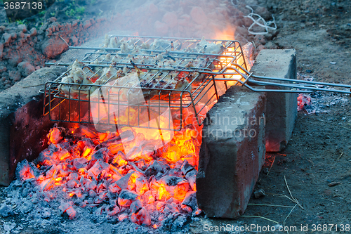 Image of Pieces of chicken baked over charcoal fire on the gridiron