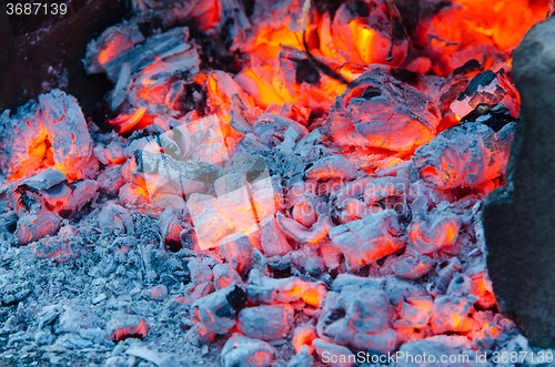 Image of Glowing embers campfire closeup