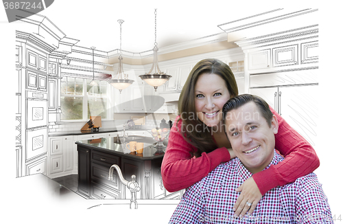 Image of Couple With Kitchen Design Drawing and Photo Behind