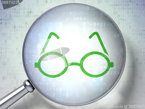 Image of Studying concept: Glasses with optical glass on digital background