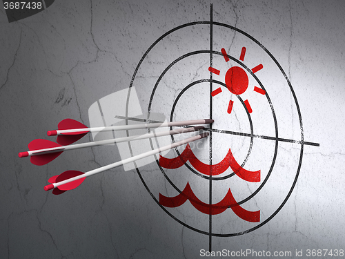 Image of Tourism concept: arrows in Beach target on wall background