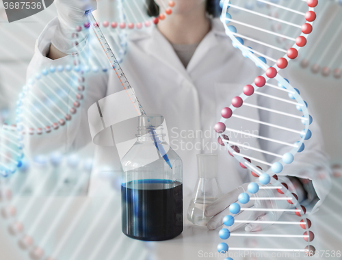 Image of close up of scientist making test in lab