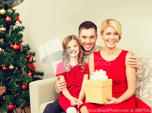 Image of smiling family holding gift box