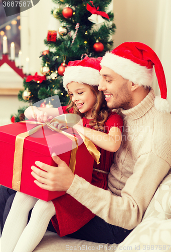 Image of smiling father and daughter opening gift box