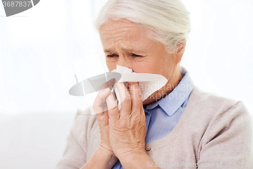 Image of sick senior woman blowing nose to paper napkin