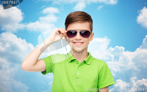 Image of smiling boy in sunglasses and green polo t-shirt