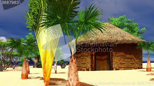 Image of African village with traditional huts 