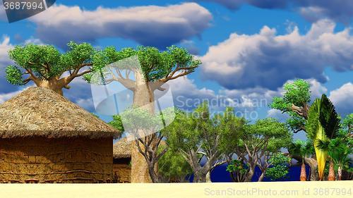 Image of African village with traditional huts 