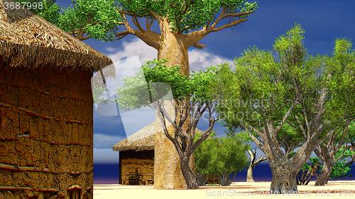 Image of African village with traditional huts 