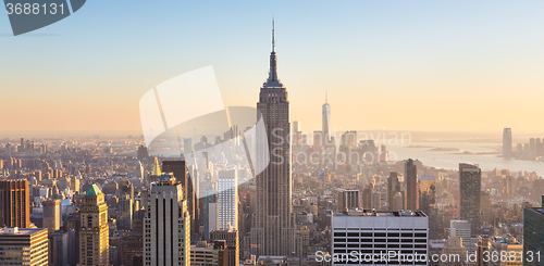 Image of New York City Manhattan skyline in sunset.