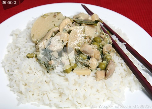 Image of Green curry and rice on plate horizontal