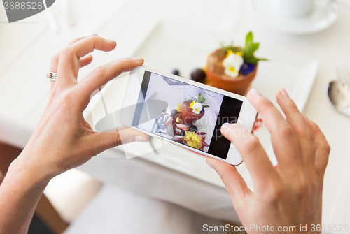 Image of close up of woman picturing food by smartphone