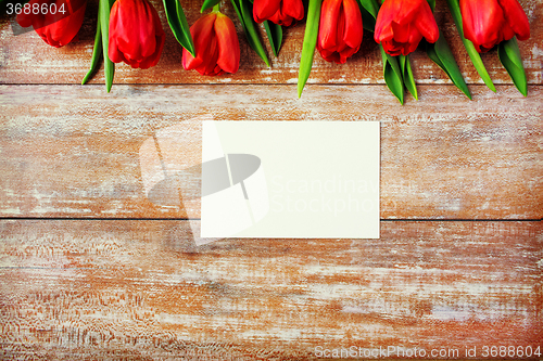 Image of close up of red tulips and blank paper or letter