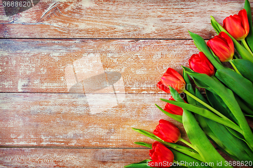 Image of close up of red tulips on wooden background