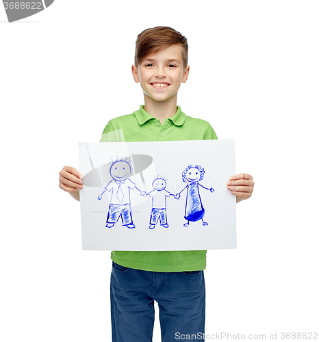 Image of happy boy holding drawing or picture of family