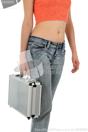 Image of Woman in jeans with metal case