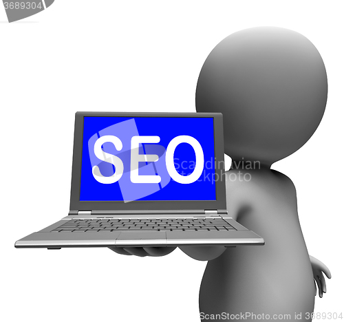 Image of Seo Laptop Character Shows Search Engine Optimization Websites
