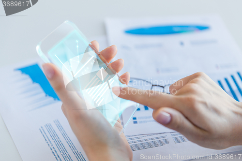 Image of close up of woman with transparent smartphone