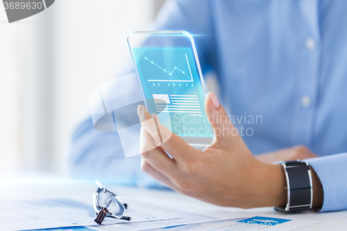 Image of close up of woman with transparent smartphone