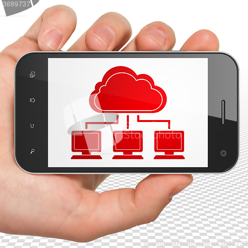 Image of Cloud technology concept: Hand Holding Smartphone with Cloud Network on display