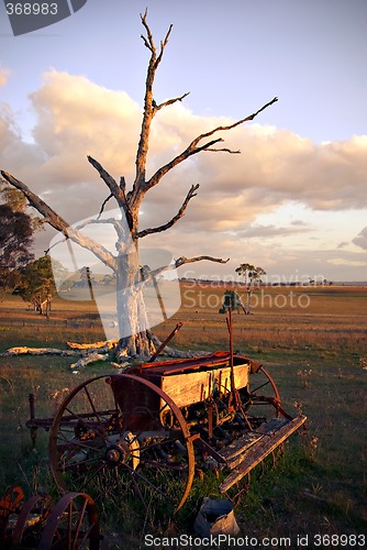 Image of old plough on farm at sunset