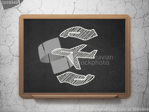 Image of Insurance concept: Airplane And Palm on chalkboard background